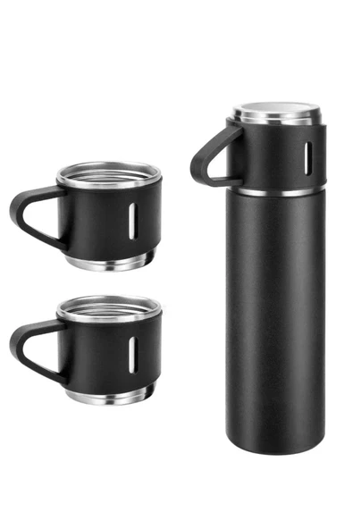 Siyah Piknik Kamp Termosu Paslanmaz Çelik 3 Bardaklı 500 Ml Vakumlu Çay Kahve Sıcak Soğuk Termos Set - 5