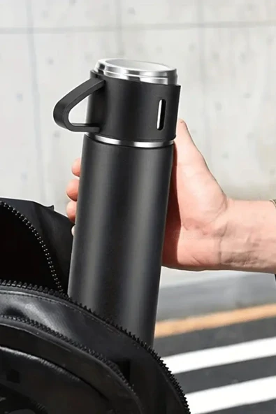 Siyah Piknik Kamp Termosu Paslanmaz Çelik 3 Bardaklı 500 Ml Vakumlu Çay Kahve Sıcak Soğuk Termos Set - 8