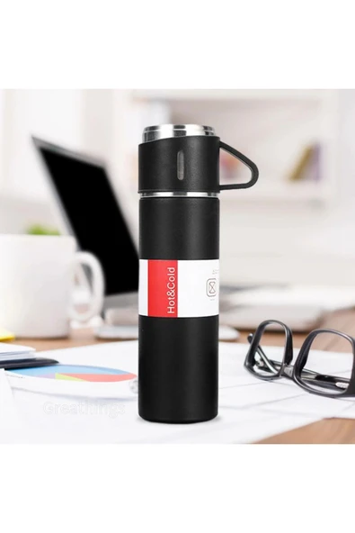 Siyah Piknik Kamp Termosu Paslanmaz Çelik 3 Bardaklı 500 Ml Vakumlu Çay Kahve Sıcak Soğuk Termos Set - 3