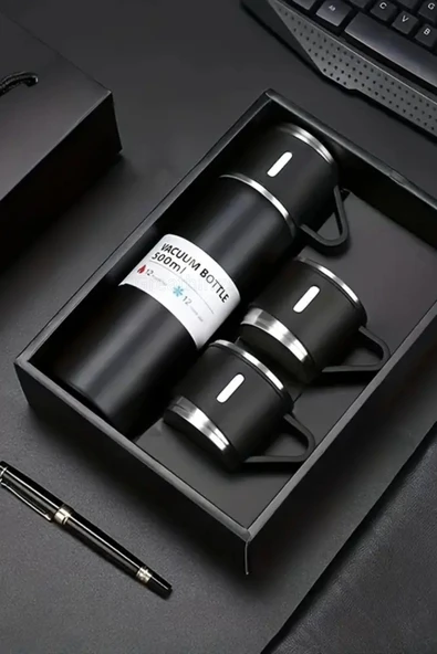 Siyah Piknik Kamp Termosu Paslanmaz Çelik 3 Bardaklı 500 Ml Vakumlu Çay Kahve Sıcak Soğuk Termos Set - 6