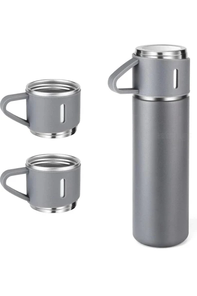 Gri Piknik Kamp Termosu Paslanmaz Çelik 3 Bardaklı 500 Ml Vakumlu Çay Kahve Sıcak Soğuk Termos Seti - 4