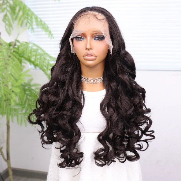 Açık Kahve Bebek Saçlı Fiber Sentetik Yoğun Dalgalı Tül Peruk - Resim 4