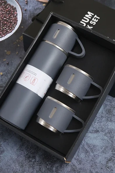 Gri Piknik Kamp Termosu Paslanmaz Çelik 3 Bardaklı 500 Ml Vakumlu Çay Kahve Sıcak Soğuk Termos Seti - 2