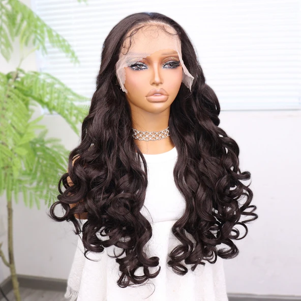 Açık Kahve Bebek Saçlı Fiber Sentetik Yoğun Dalgalı Tül Peruk - Resim 3