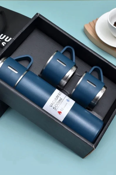 Mavi Piknik Kamp Termosu Paslanmaz Çelik 3 Bardaklı 500 Ml Vakumlu Çay Kahve Sıcak Soğuk Termos Seti - 8