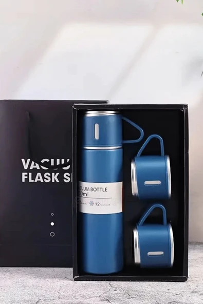 Mavi Piknik Kamp Termosu Paslanmaz Çelik 3 Bardaklı 500 Ml Vakumlu Çay Kahve Sıcak Soğuk Termos Seti - 4