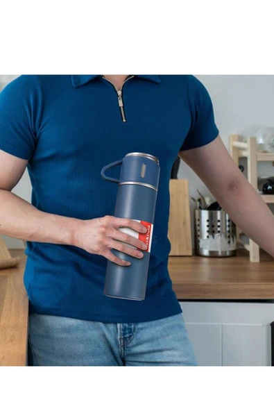 Mavi Piknik Kamp Termosu Paslanmaz Çelik 3 Bardaklı 500 Ml Vakumlu Çay Kahve Sıcak Soğuk Termos Seti - 3