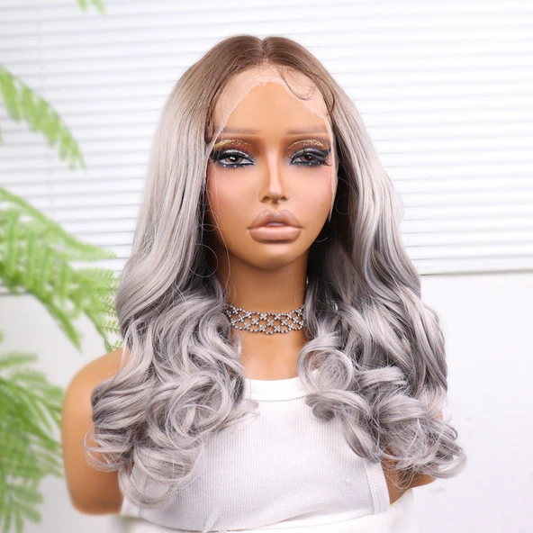 Açık Kumral Gri Ombreli Bebek Saçlı Geniş Dalgalı Fiber Sentetik Tül Peruk - Resim 3