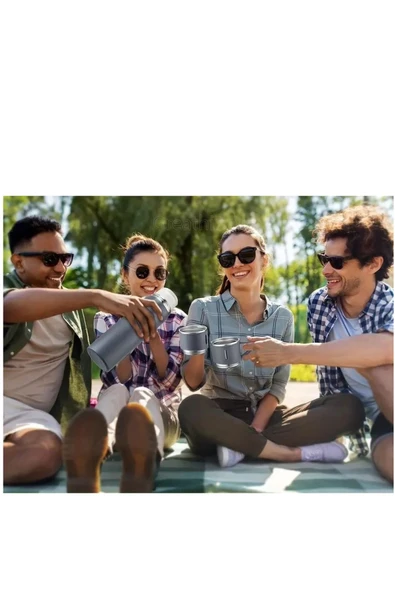 Gri Piknik Kamp Termosu Paslanmaz Çelik 3 Bardaklı 500 Ml Vakumlu Çay Kahve Sıcak Soğuk Termos Seti - 7