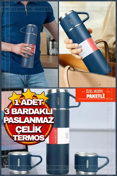Mavi Piknik Kamp Termosu Paslanmaz Çelik 3 Bardaklı 500 Ml Vakumlu Çay Kahve Sıcak Soğuk Termos Seti