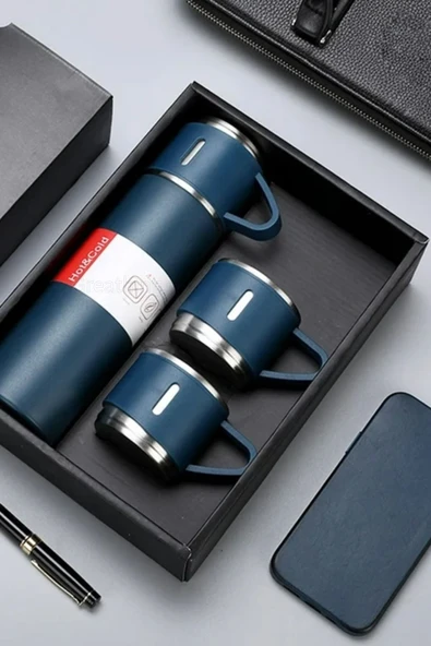 Mavi Piknik Kamp Termosu Paslanmaz Çelik 3 Bardaklı 500 Ml Vakumlu Çay Kahve Sıcak Soğuk Termos Seti - 2