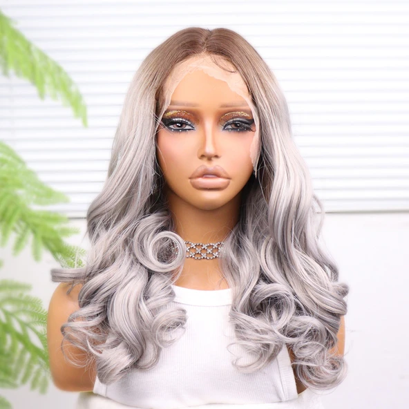 Açık Kumral Gri Ombreli Bebek Saçlı Geniş Dalgalı Fiber Sentetik Tül Peruk - Resim 2