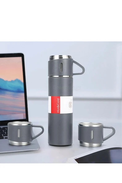 Gri Piknik Kamp Termosu Paslanmaz Çelik 3 Bardaklı 500 Ml Vakumlu Çay Kahve Sıcak Soğuk Termos Seti - 3