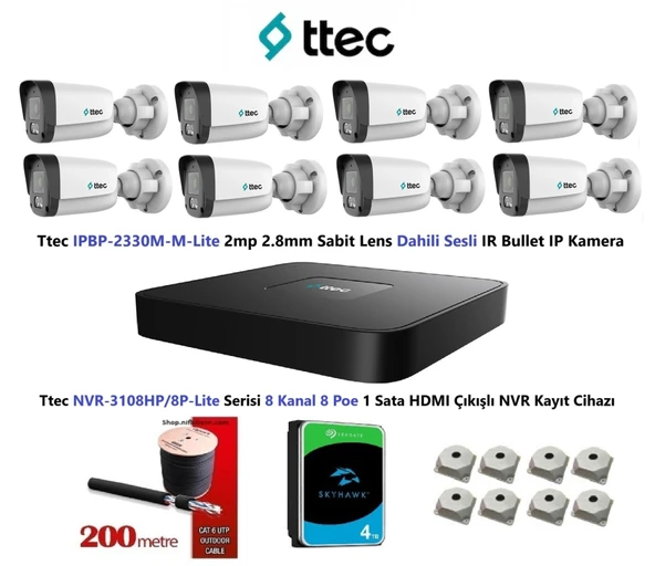 Ttec 2mp Mikrofonlu 8 Kameralı 4TB Disk Tak Çalıştır Hazır IP Kamera Seti
