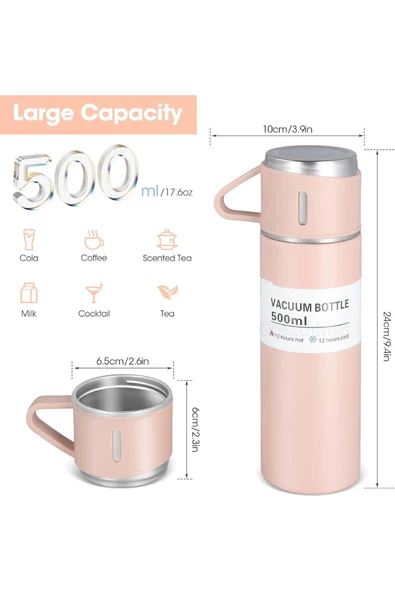 Pembe Piknik Kamp Termosu Paslanmaz Çelik 3 Bardaklı 500ML Vakumlu Çay Kahve Sıcak Soğuk Termos Seti - 4