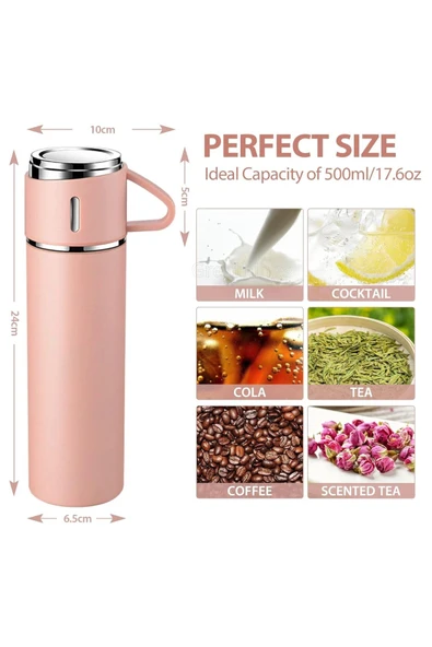 Pembe Piknik Kamp Termosu Paslanmaz Çelik 3 Bardaklı 500ML Vakumlu Çay Kahve Sıcak Soğuk Termos Seti - 7