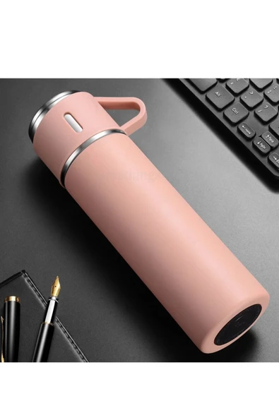 Pembe Piknik Kamp Termosu Paslanmaz Çelik 3 Bardaklı 500ML Vakumlu Çay Kahve Sıcak Soğuk Termos Seti - 8