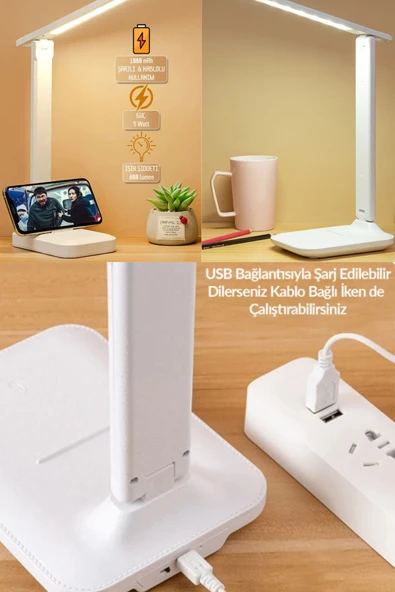 Şarjlı Masa Lambası - 3 Renk Dokunmatik Telefon Standlı 9W LED 800 Lümen USB Şarjlı - 2
