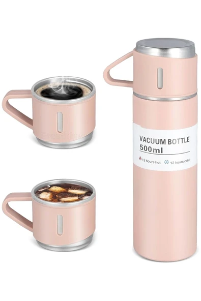 Pembe Piknik Kamp Termosu Paslanmaz Çelik 3 Bardaklı 500ML Vakumlu Çay Kahve Sıcak Soğuk Termos Seti - 2