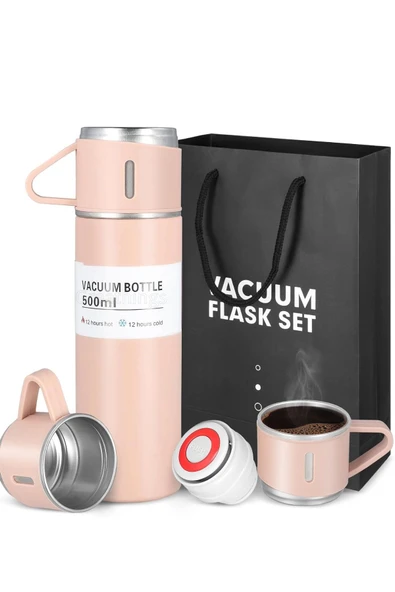 Pembe Piknik Kamp Termosu Paslanmaz Çelik 3 Bardaklı 500ML Vakumlu Çay Kahve Sıcak Soğuk Termos Seti - 3