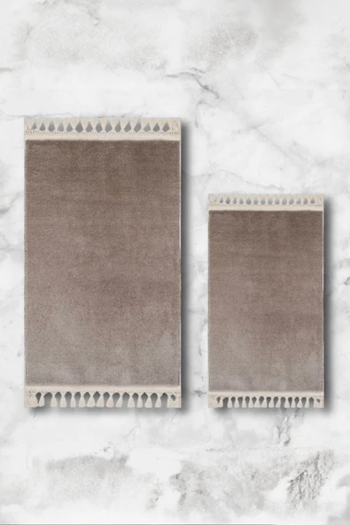 Simirna Ponpon Saçaklı Peluş Yıkanabilir Kaymaz Banyo Paspası 2'li Klozet Takımı Vizon - 3