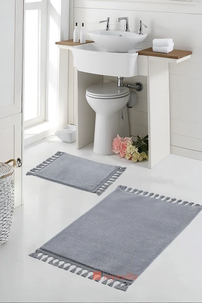 Simirna Ponpon Saçaklı Peluş Yıkanabilir Kaymaz Banyo Paspası 2'li Klozet Takımı Gri