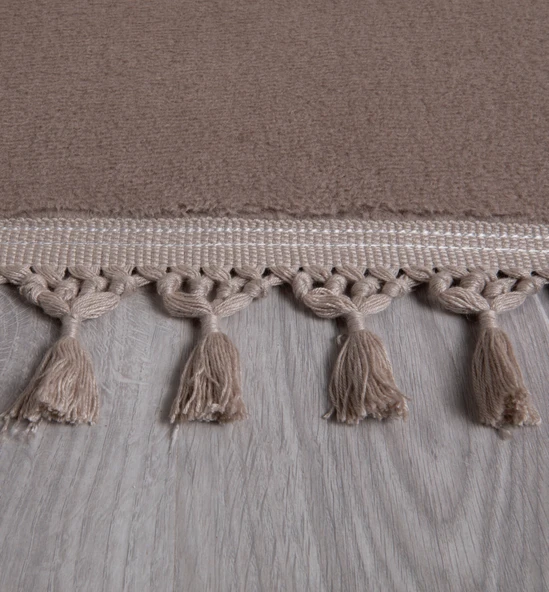 Simirna Ponpon Saçaklı Peluş Yıkanabilir Kaymaz Banyo Paspası 2'li Klozet Takımı Vizon - 2