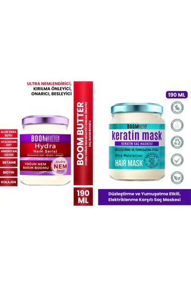 BOOM BUTTER Saç Bakım Seti (Keratin Saç Bakım Maskesi 190ml- Hydra Yoğun Nem 190ml)