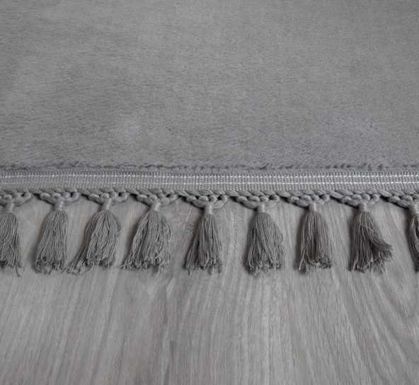 Simirna Ponpon Saçaklı Peluş Yıkanabilir Kaymaz Banyo Paspası 2'li Klozet Takımı Gri - 2