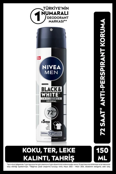 NIVEA MEN Erkek Sprey Deodorant Black&White Invisible Original 150ml, 72 Saat Anti-perspirant Ter Koruması ürün görseli