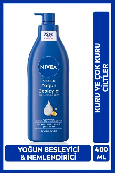 NIVEA Besleyici Vücut Sütü 400ml, Kuru Ve Çok Kuru Ciltler, 72 Saat Nemlendirici, Badem Yağı