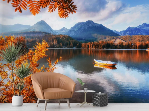 Sonbahar Göl ve Orman Manzaralı Duvar Kağıdı Baskı - Resim 6
