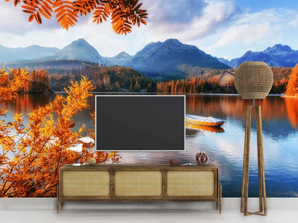 Sonbahar Göl ve Orman Manzaralı Duvar Kağıdı Baskı - Resim 3