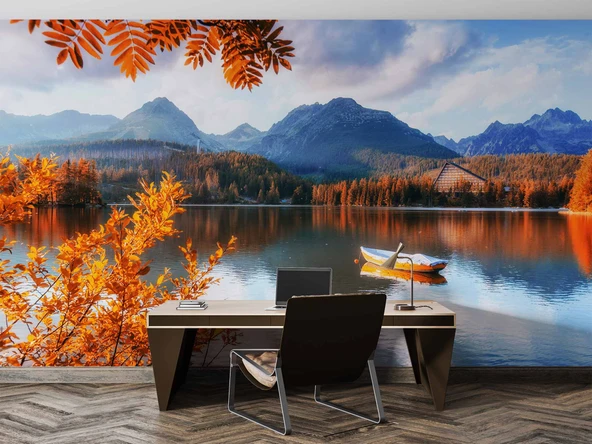 Sonbahar Göl ve Orman Manzaralı Duvar Kağıdı Baskı - Resim 4