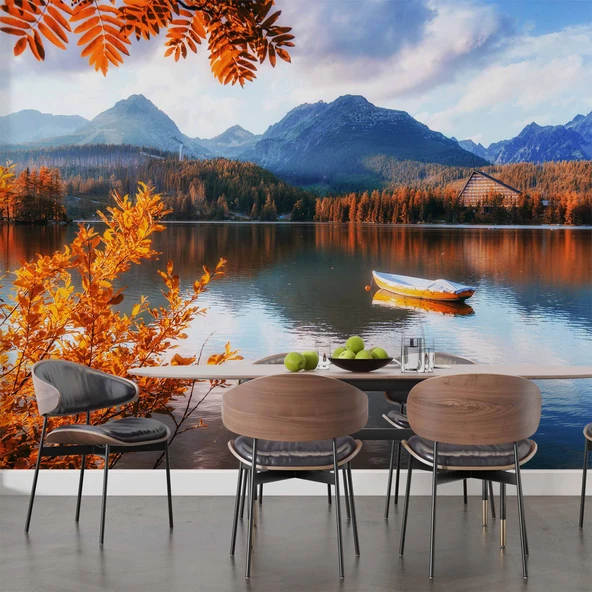 Sonbahar Göl ve Orman Manzaralı Duvar Kağıdı Baskı - Resim 5