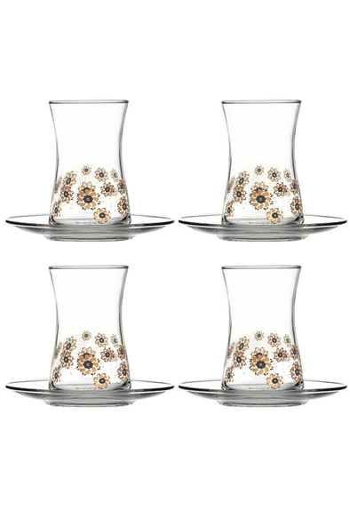 95483 Golden Wind 4lü 8 Parça Çiçek Desenli Heybeli Cam Çay Seti Takımı