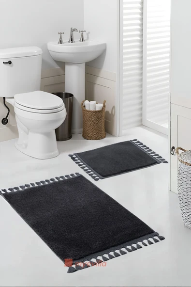 Simirna Ponpon Saçaklı Peluş Yıkanabilir Kaymaz Banyo Paspası 2'li Klozet Takımı Antrasit