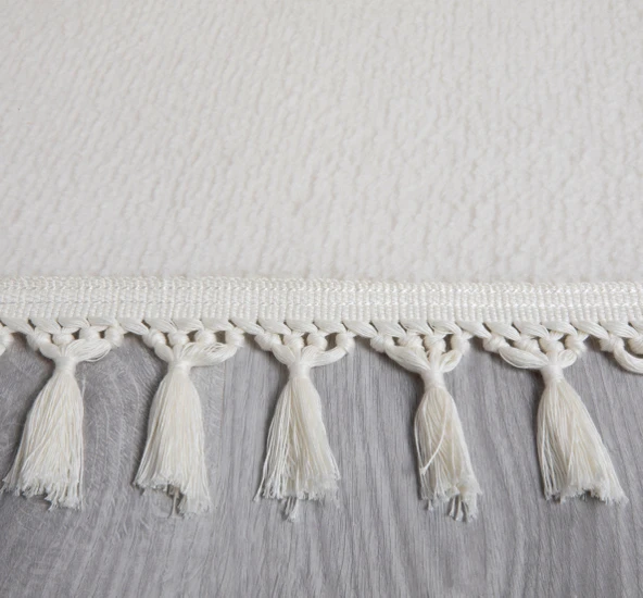 Simirna Ponpon Saçaklı Peluş Yıkanabilir Kaymaz Banyo Paspası 2'li Klozet Takımı Krem - 2