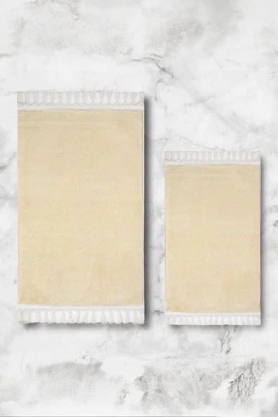 Simirna Ponpon Saçaklı Peluş Yıkanabilir Kaymaz Banyo Paspası 2'li Klozet Takımı Bej - 2