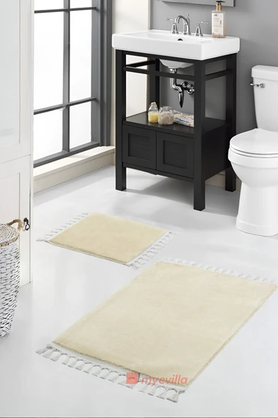 Simirna Ponpon Saçaklı Peluş Yıkanabilir Kaymaz Banyo Paspası 2'li Klozet Takımı Bej