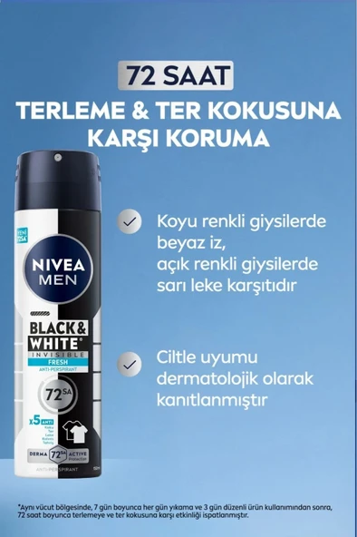 NIVEA Men Erkek Sprey Deodorant Black&white Invisible Fresh 150ml, 72 Saat Anti-perspirant Ter Koruması - Resim 3