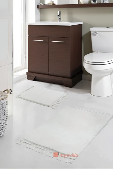 Simirna Ponpon Saçaklı Peluş Yıkanabilir Kaymaz Banyo Paspası 2'li Klozet Takımı Krem