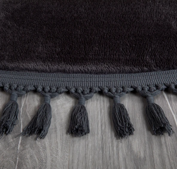 Simirna Ponpon Saçaklı Peluş Yıkanabilir Kaymaz Banyo Paspası 2'li Klozet Takımı Antrasit - 2