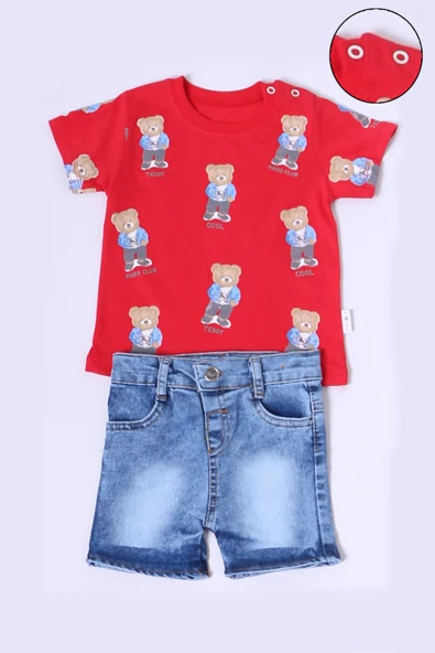 ERKEK BEBEK ŞORTLU TAKIM KOT ŞORTLU ÇITÇIT DETAYLI BASKILI B26 - 4