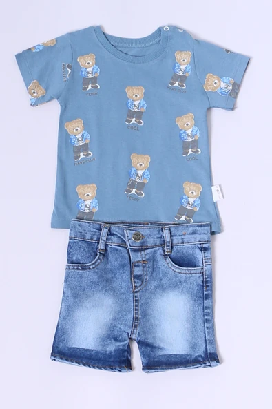 ERKEK BEBEK ŞORTLU TAKIM KOT ŞORTLU ÇITÇIT DETAYLI BASKILI B26 - 8