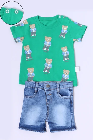 ERKEK BEBEK ŞORTLU TAKIM KOT ŞORTLU ÇITÇIT DETAYLI BASKILI B26 - 10