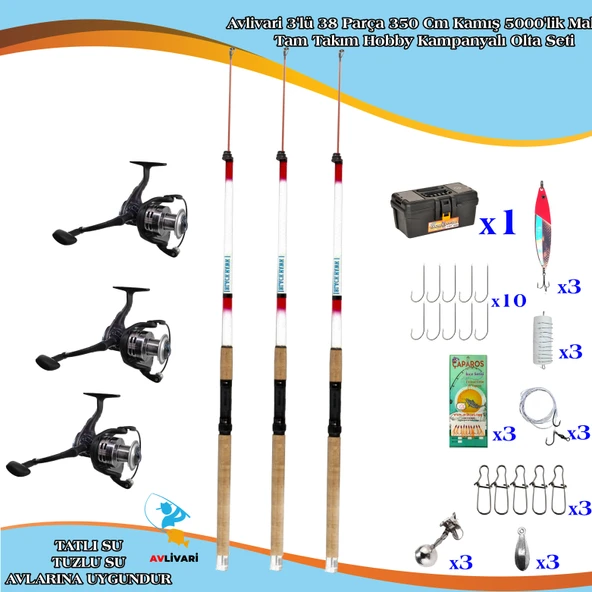Avlivari 3'lü 38 Parça 350 Cm Kamış 5000'lik Makina Tam Takım Hobby Kampanyalı Olta Seti