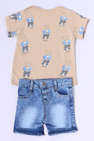 ERKEK BEBEK ŞORTLU TAKIM KOT ŞORTLU ÇITÇIT DETAYLI BASKILI B26 - 3