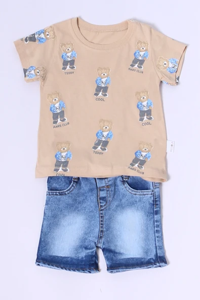 ERKEK BEBEK ŞORTLU TAKIM KOT ŞORTLU ÇITÇIT DETAYLI BASKILI B26 - 2