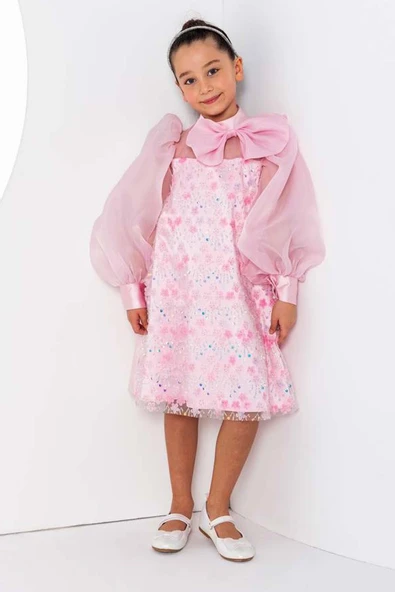 Kız Çocuk Üzeri Çiçek Pulpayet İşlemeli Omuzda Fiyonk Detaylı Şeffaf Tül Balon Kollu Pembe Elbise - Resim 6